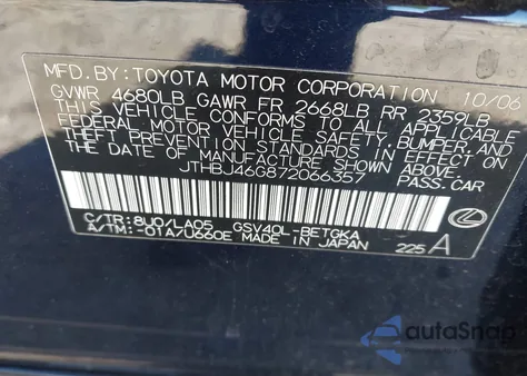 2007 Lexus Es 350 z USA, uszkodzony, nr VIN JTHBJ46G872066357